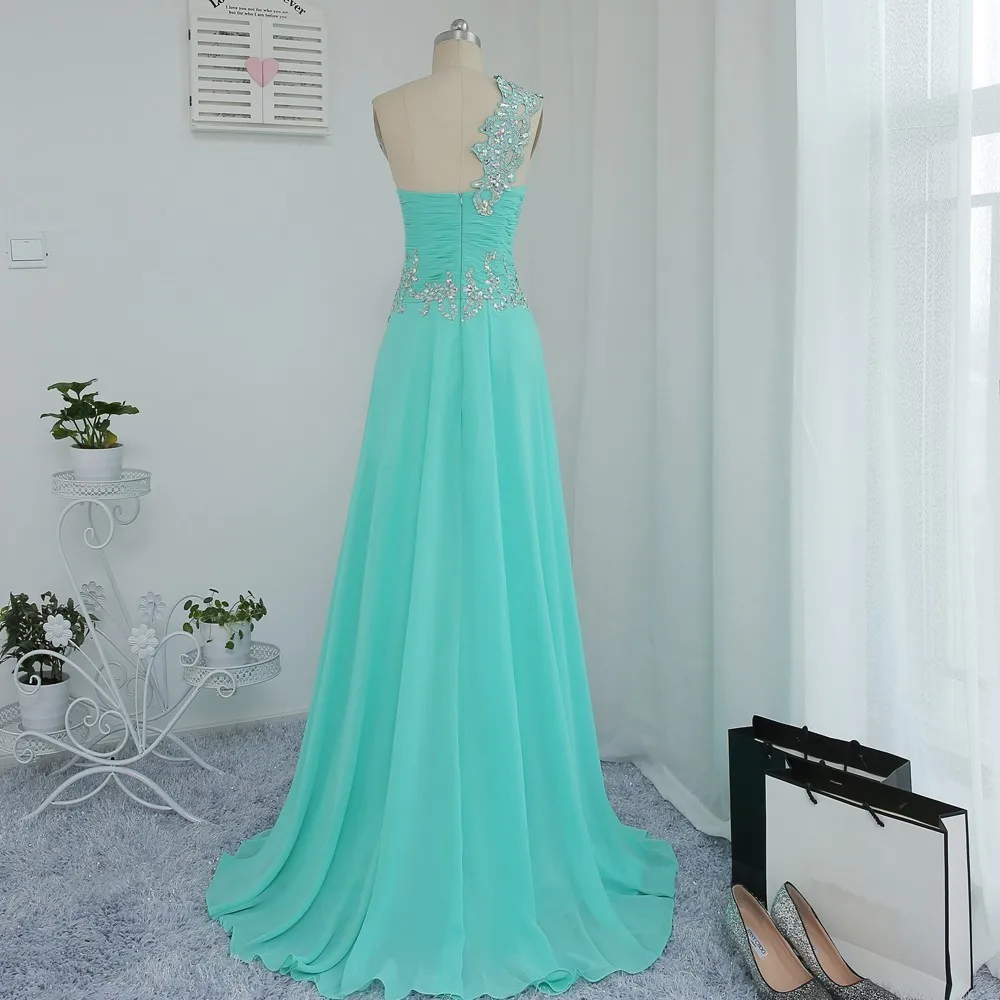 Turquoise Prom Dresses A-line One-shoulder Chiffon Beaded Slit Sexy Long Prom Gown Evening Robe De Soiree Customized