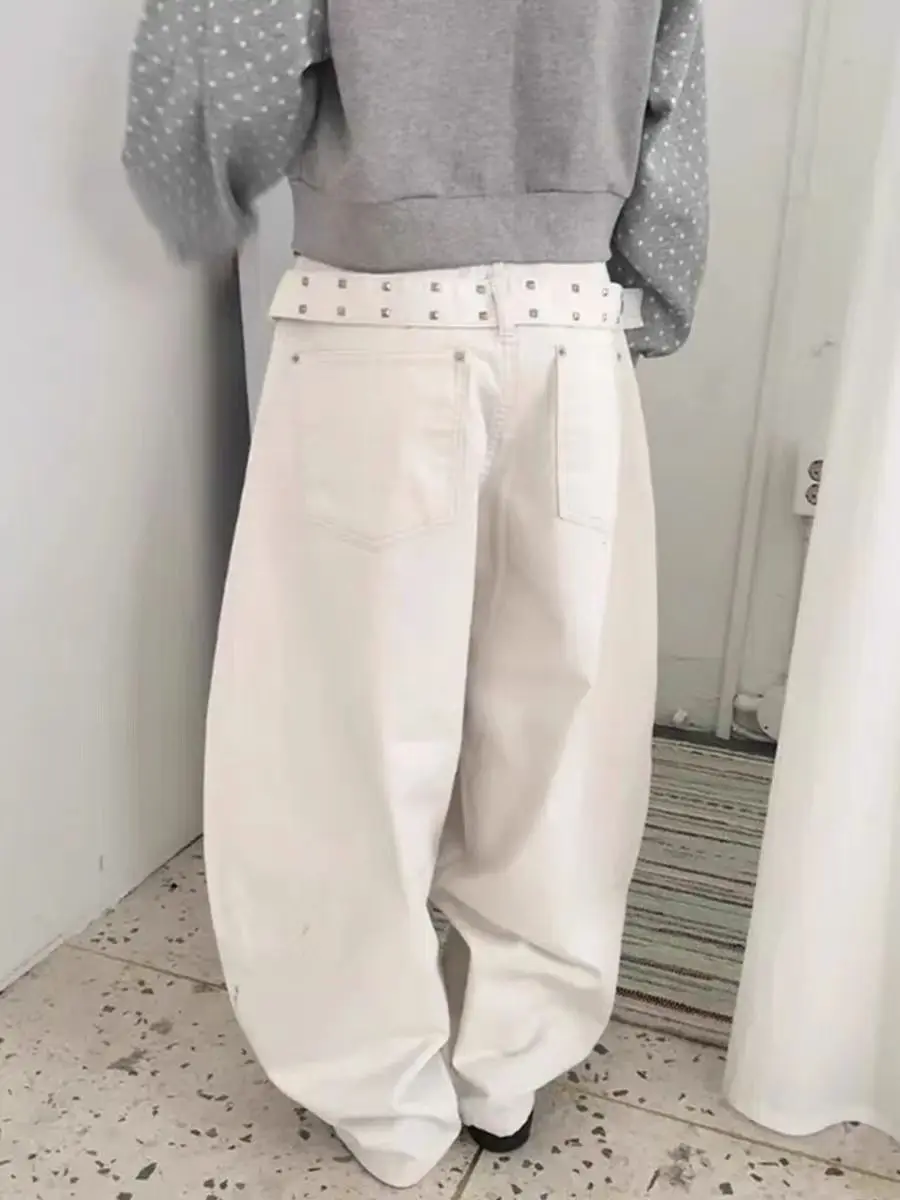 Korean Retro Rivet Lace High-Waisted Streetwear Y2k American Women's Personalized 2000s Vintage Loose Wide-Leg Casual Jeans