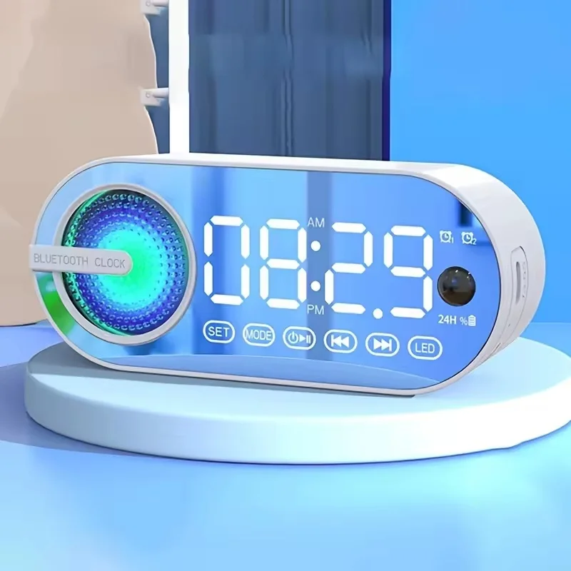 USB Charging FM Radio Alarm Clock Wireless Bluetooth Speaker Large Display Mute Mirror Digital For Bedroom Room Office Music Box