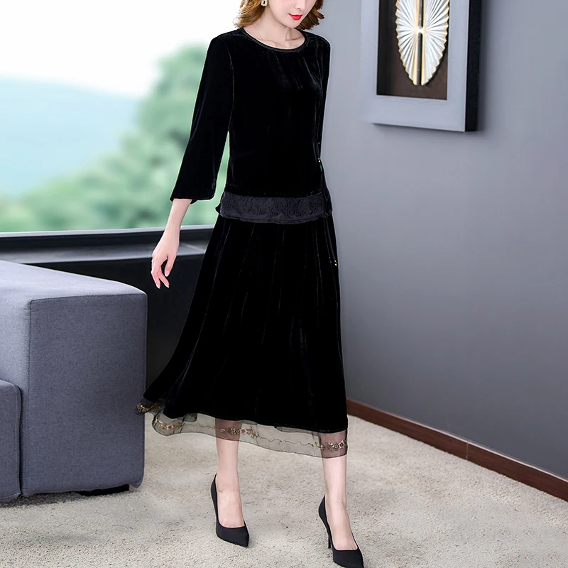 2023 Autumn/Winter New Black Silk Velvet Long Sleeve Long Sleeve Dress Two Piece Set Loose Large Lace Splice Slim Retro Set