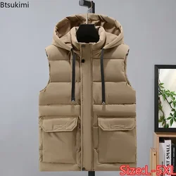 Large Size 5XL Men's Cargo Vests Winter Down Cotton Thicken Warm Vest Jackets Men Fashion Multi-pockets Hooded Casual Waistcoats