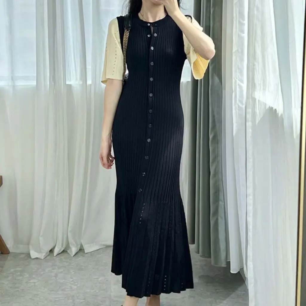 Women's Slim Knitted Long Skirt Color-Block High-End Fashion Summer Temperament Ice Silk Dress with Short-Sleeves