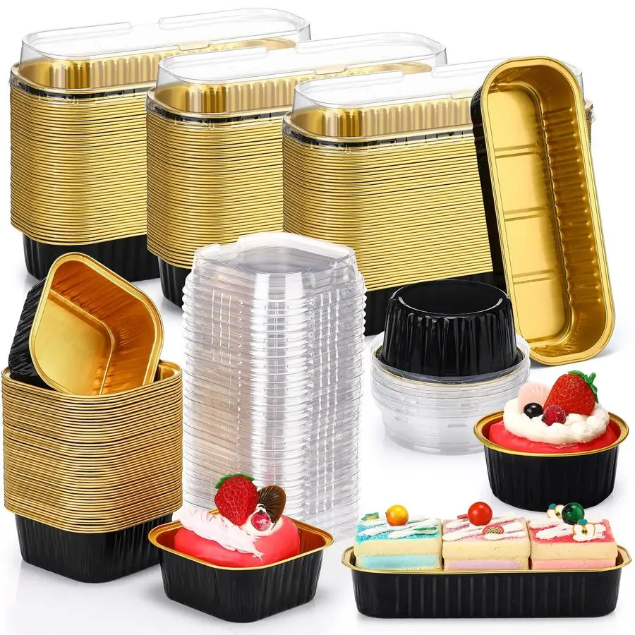 

150 шт. мини-формы для торта с крышками, одноразовые формы Ramekins 6,8 унций, 5 унций, чашки для выпечки кексов из алюминиевой фольги, прямоугольные круглые квадратные чашки