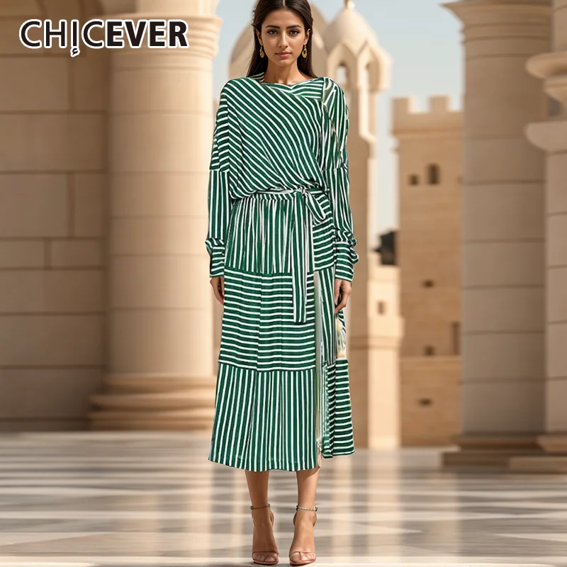 

CHICEVER Thigh Split Striped Dresses For Women Diagonal Collar Long Sleeve High Waist Spliced Lace Up Long Dress Female Style