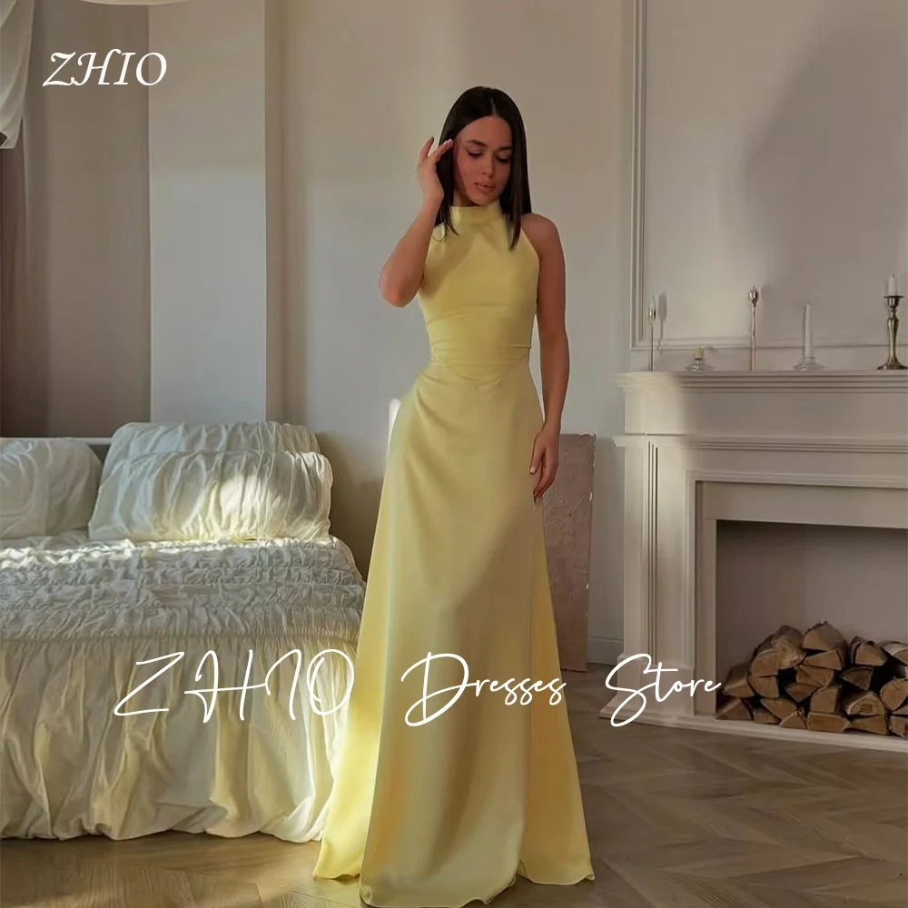 

ZHIO Elegant Yellow Evening Dress High Neck Sleeveless A-Line Floor Length Satin Formal Occasion Party Gown Customized Classic