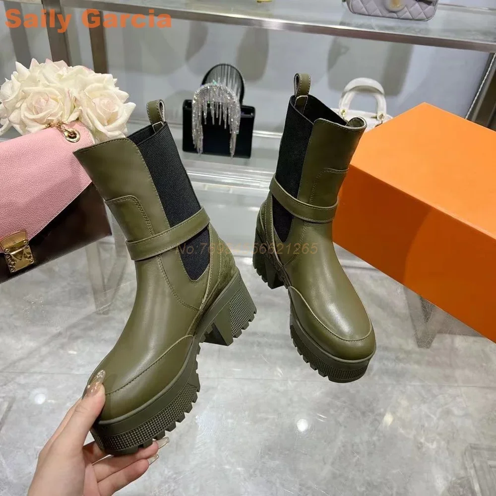 Thick Chunky Ankle Boots Splicing Belt Buckle Black Green White Real Leather Elastic Band Luxury Brand Women Shoes Slip On