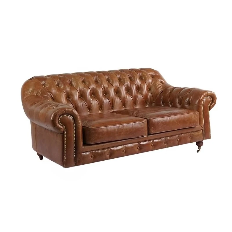 Sofá de couro marrom antigo sofá de sala de estar de couro retrô de alta qualidade