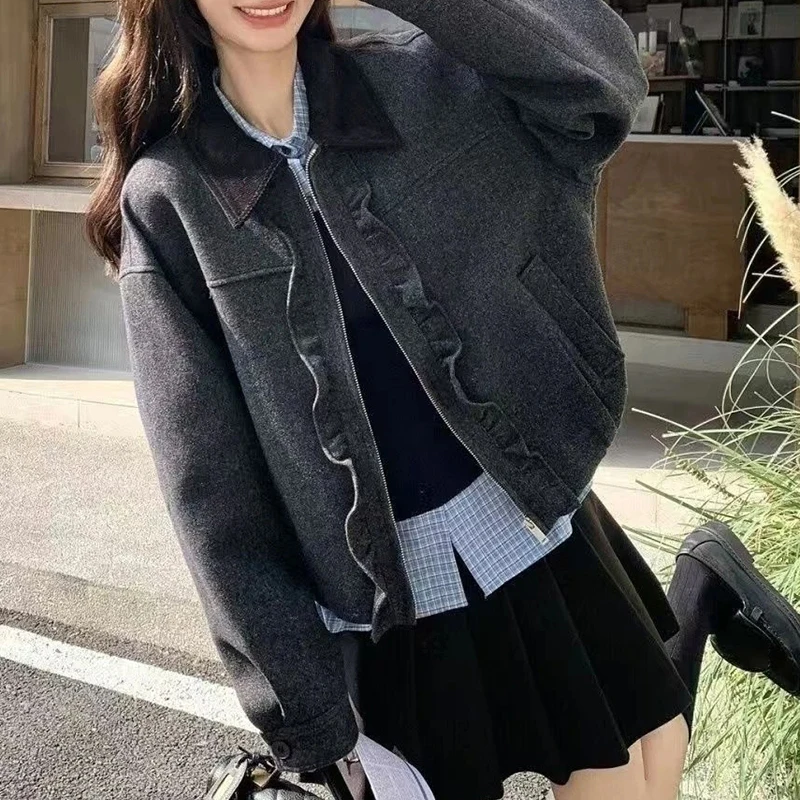 Vintage Ruffles Zipper Jacket Women Preppy Style Turn Down Collar Loose Coats Fall Winter American Casual Retro Outwear Tops New