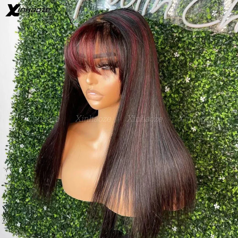 

Highlight Ombre Colored Straight 13x6 Lace Frontal Human Hair Wig With Bangs 99J For Woman Remy Brazilian Burgundy Silk Top Wigs