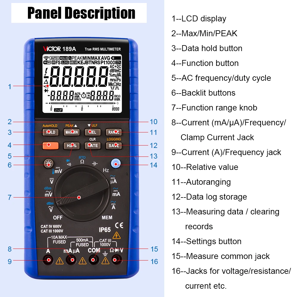 

VICTOR 189A True RMS Multimeter digital professional Digital Multimeter with RTD Measurement 0.025% Accuracy multimetro digital