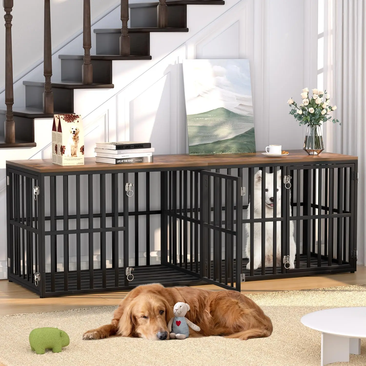

Double Dog Crate Furniture for 2 Dogs Wooden Dog Kennel Furniture Style with Removable Divider