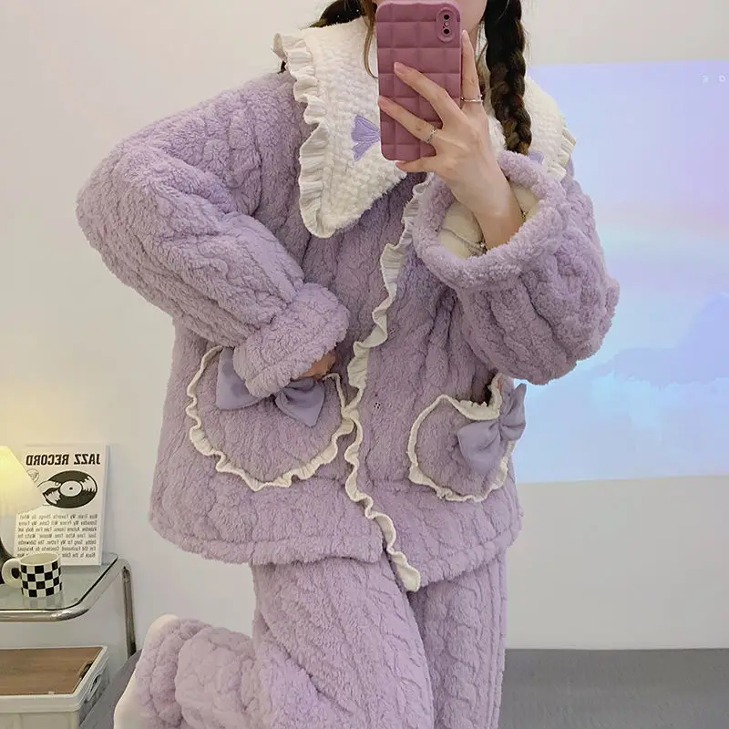 

Winter New Women Three-Layer Quilted Extra Thick Velvet Pajamas Female Thermal Coral Fleece Nightclothes Suit Sweet Homewear