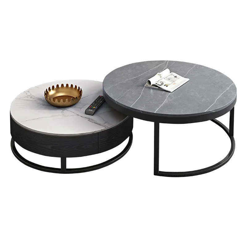 

Nordic style coffee table, small apartment household living room modern simple round rock slab combination light luxury cr