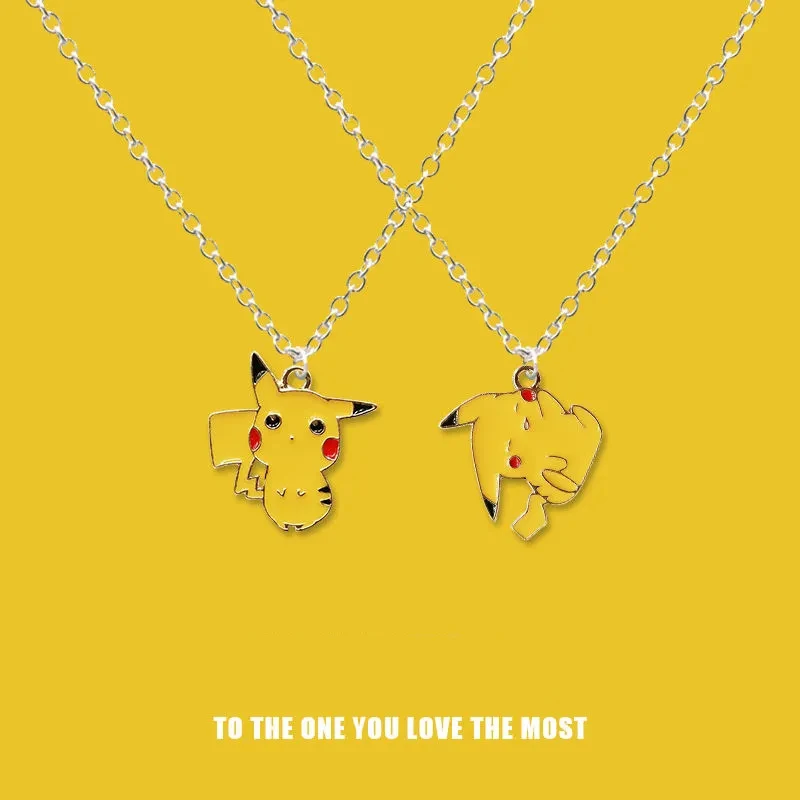 2pcs Pokemon Pikachu Necklace Anime Cartoon Boys Girls Jewelry Cute Pendant Set Accessories Girlfriend Valentine Necklace Gift