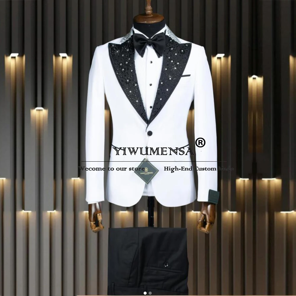 

Luxury Black Peaked Lapel Wedding Suits For Men Handmade Beaded Pearls Jacket Pants 2 Pieces Groom Tuxedos Tailored Formal Dress