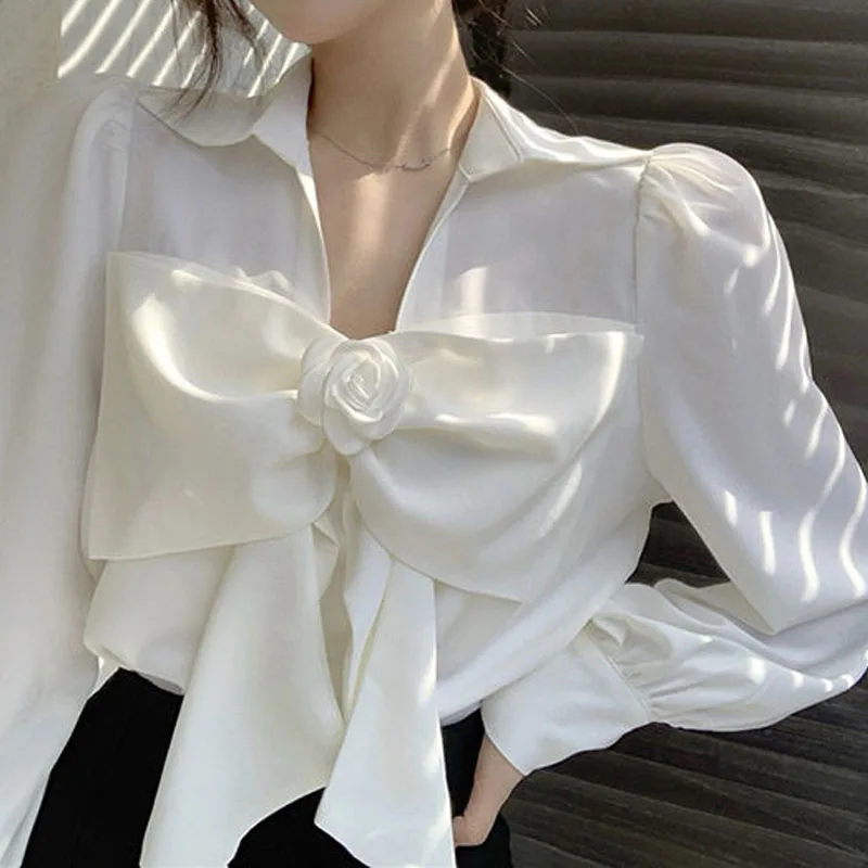 Spring Chic Bow Spliced Fashion Shirt for Female Casual All-match Long Sleeve Simplicity Solid Color Blouse Women\'s Clothing