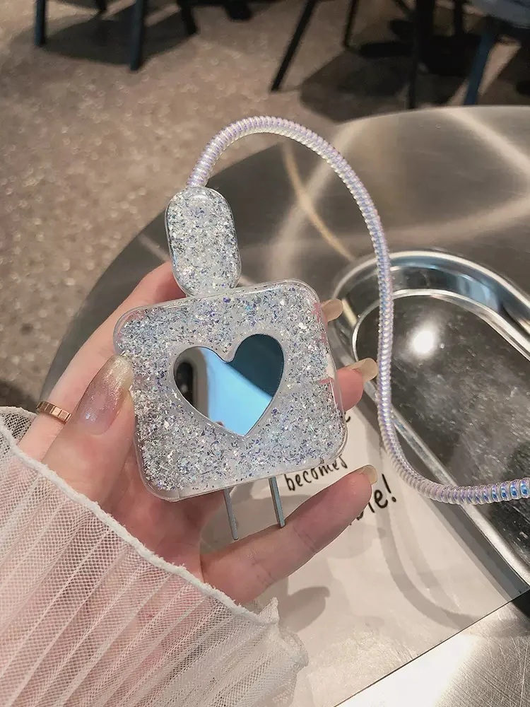 Y2K Glitter Love Heart Mirror Charger Cover For IPhone 11 12 13 14 18W-20W Charge Protection Cover Charger Sleeve Accessories