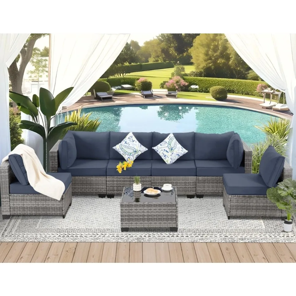 

7 Pieces Outdoor Patio Furniture Set, Outdoor Sectional Wicker Sofa with Thick Cushions, All Weather Modular Rattan