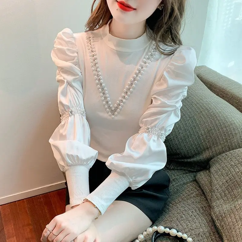 Elegant Stand Collar Beading Puff Sleeve Blouses Women\'s Clothing 2023 Autumn Winter Loose Casual Pullovers Office Lady Shirts