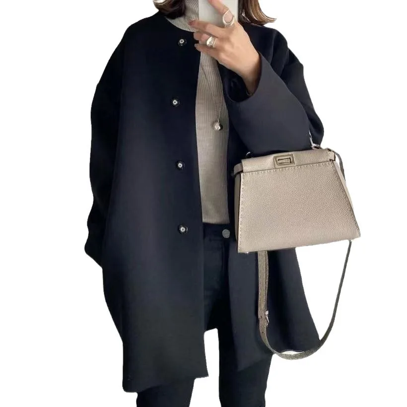 High-quality Straight Coat Women's 2025 Autumn and Winter Temperament Solid Color Simple Woolen Coat Top