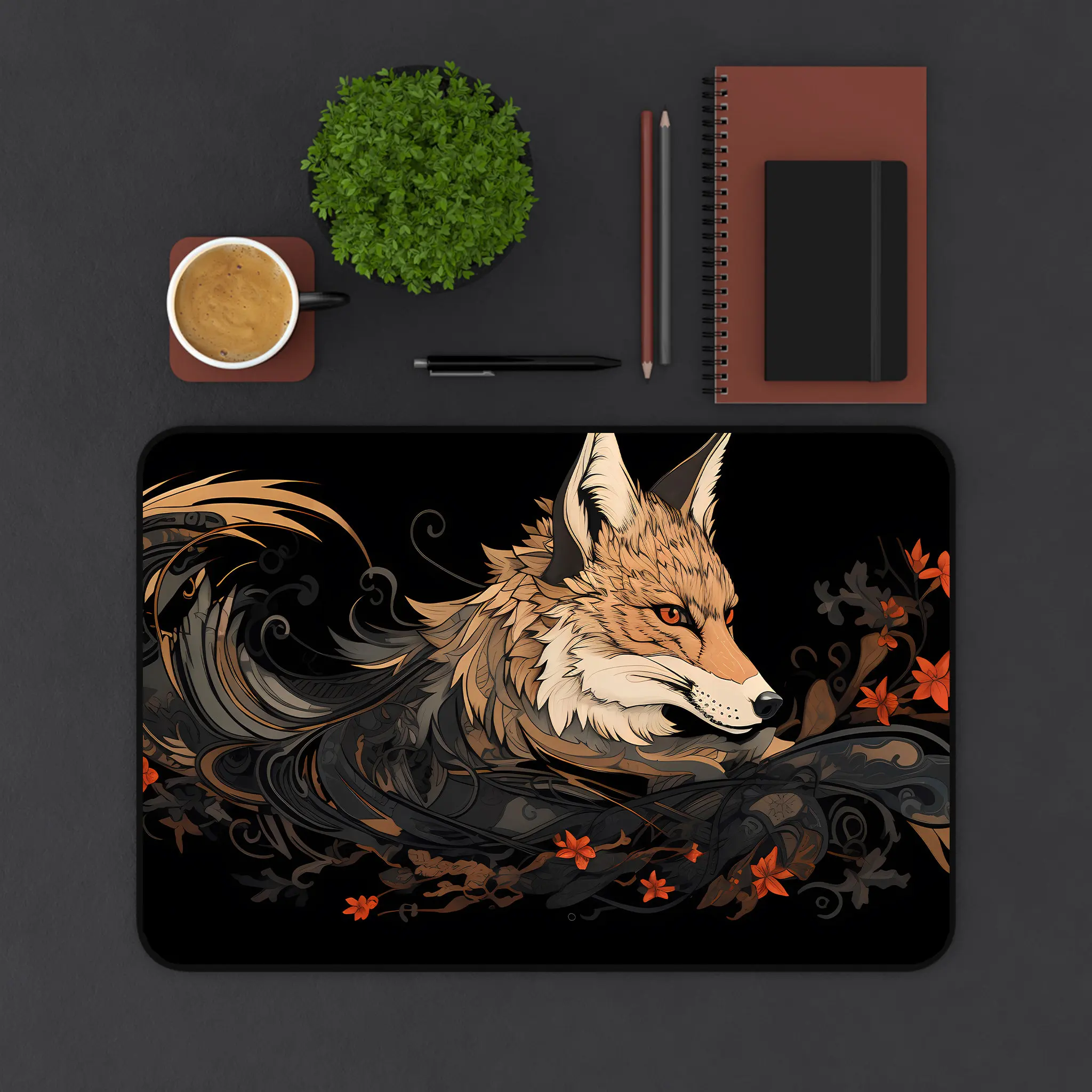 Fox Pattern Japanese-style Mousepad,black and White Color Scheme,Japanese Aesthetic Gaming Deskmat,the Perfect Gift for A Friend