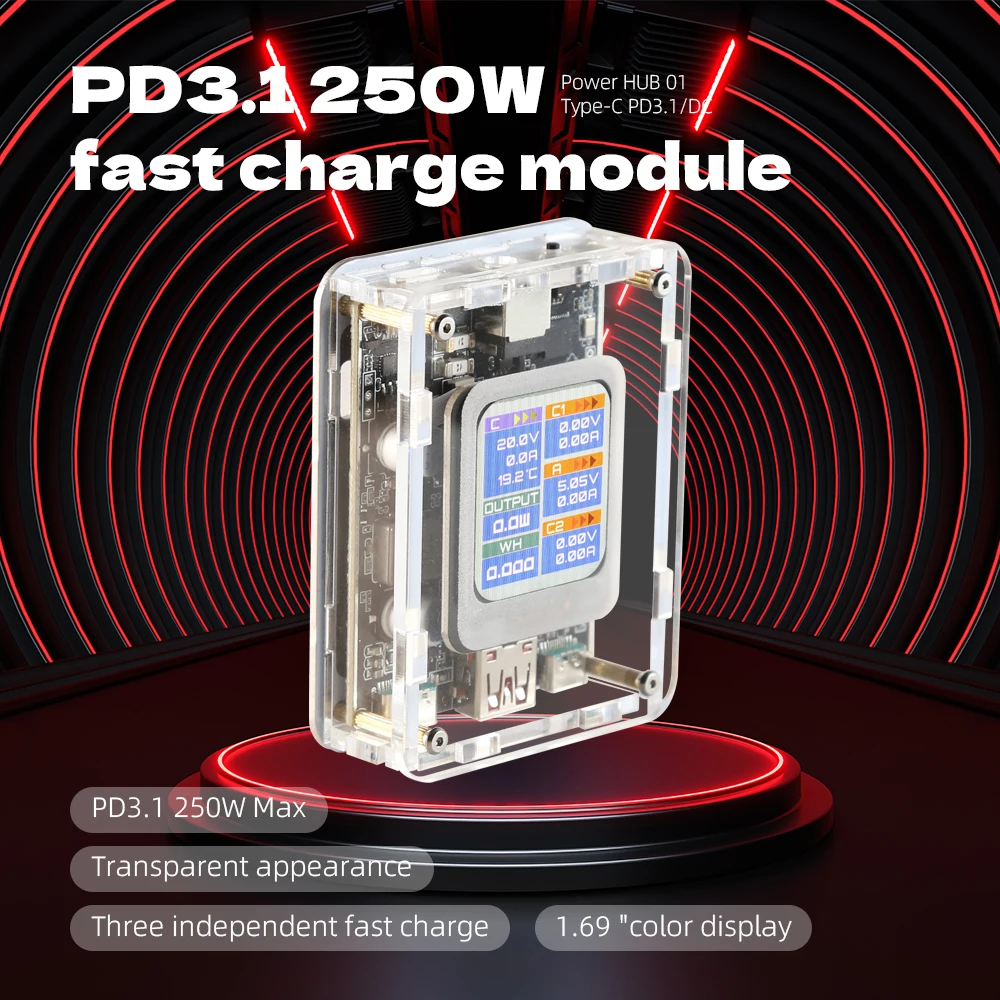 

PD3.1 250W Desktop Fast Charging Module 1.69inch Color Screen 12V-30V Input UFCS QC Car Charger Phone Laptop Fast Charging