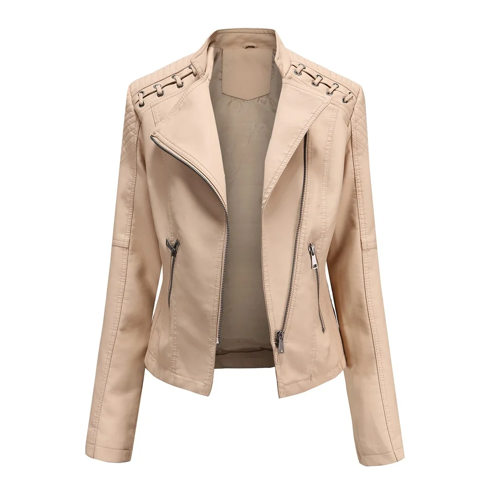Spring Autumn Leather Jacket Women Slim Fit Motor Biker PU Leather Short Coat Stand Collar Ladies Zipper Outerwear