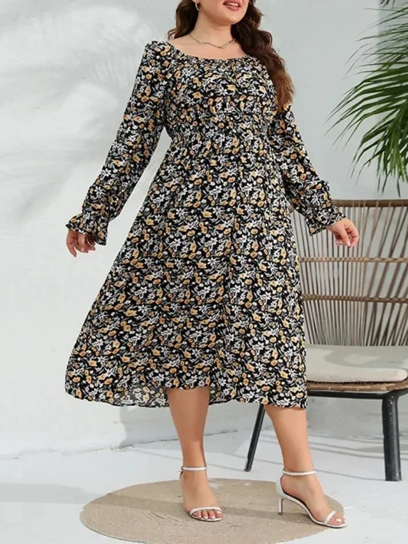 Spring New Elegant Fragmented Flower Dress with Lotus Leaf Sleeves Plus Size Fat Sister Long Dress