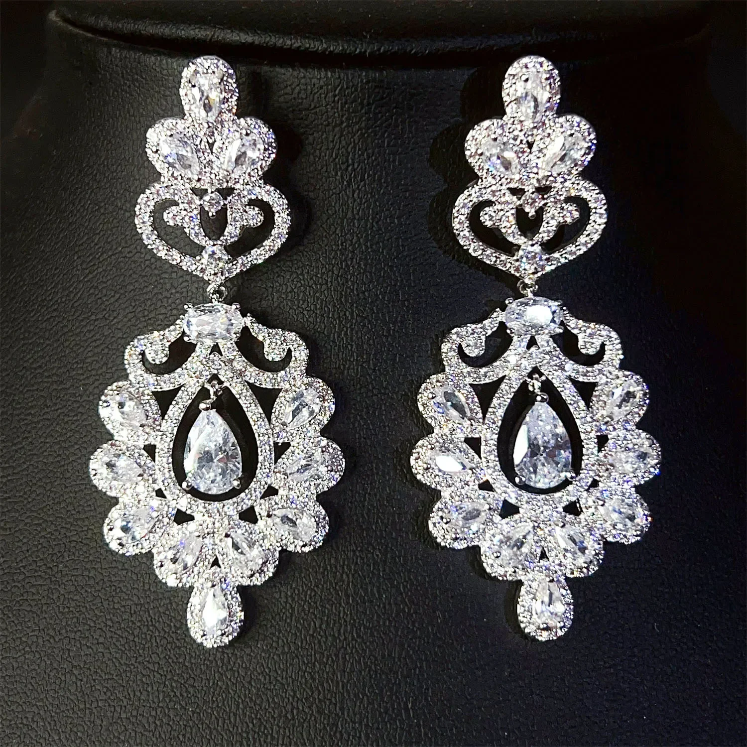 Silver Tone Vintage Palace Cubic Zirconia Dangle Earrings Luxury Hollow Teardrop CZ Statement Earrings for Women Wedding Party