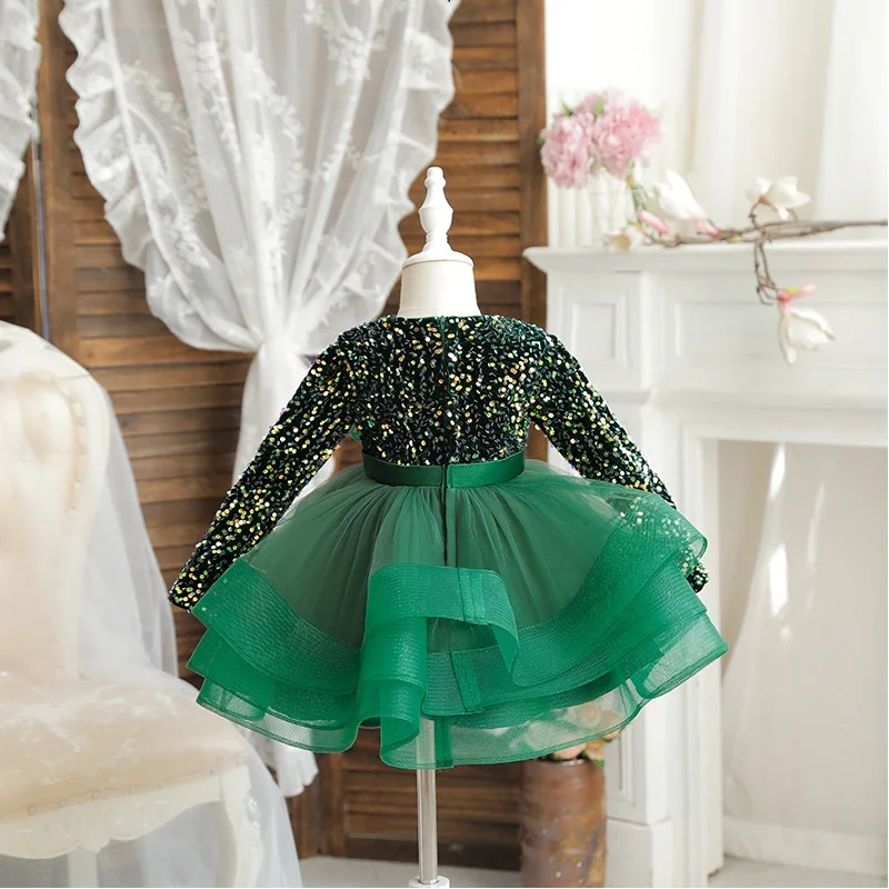 Girls sequin long sleeved princess dress 2024 new fashion bow puffy dress carnival birthday high-end performance clothing