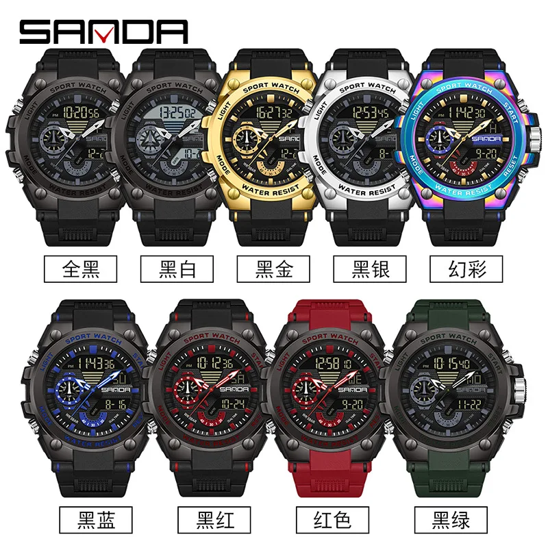 SANDA 3302 Men\'s Digital Watch Youth Multifunctional Fashion Trend Men Watches Cool Outdoor Waterproof Alarm Clock Wristwatch