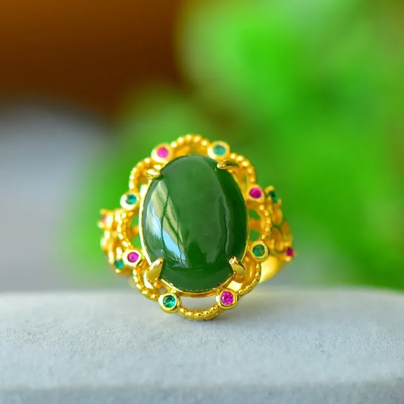 

Copper Inlaid Hetian Jade Jasper Colored Zirconium Fashion Women's Ring
