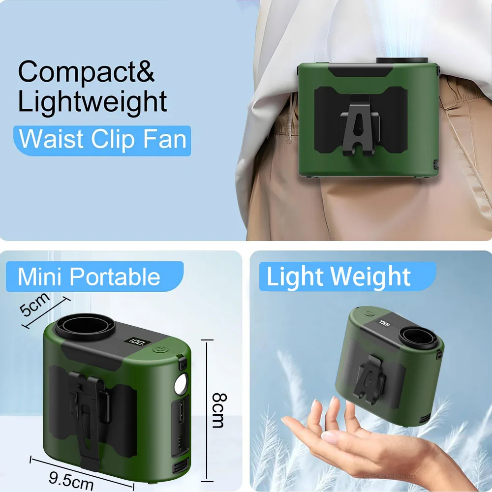 مروحة خصر محمولة للتخييم مع بنك طاقة إضاءة، مروحة رقبة صغيرة محمولة قابلة لإعادة الشحن عالية السرعة للتخييم في الهواء الطلق والسفر