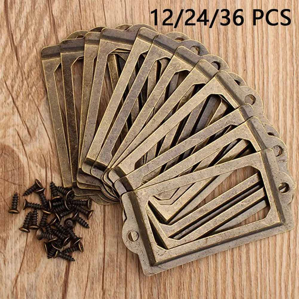 12Pcs Antique Brass Metal Label Pull Frame Handle File Name Card Holder Furniture Hardware For Furniture Cabinet Drawer Box Case