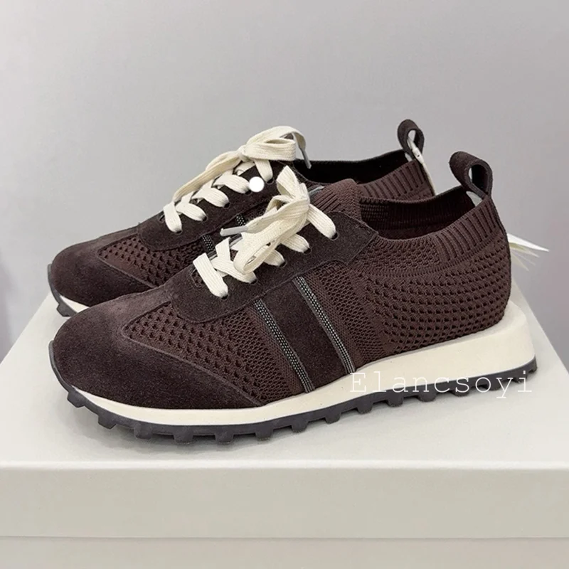 フラットシューズ女性ストリングビーズ編み通気性スニーカーラウ - Knit Fabric Lace Up Sneakers のレビューと価格