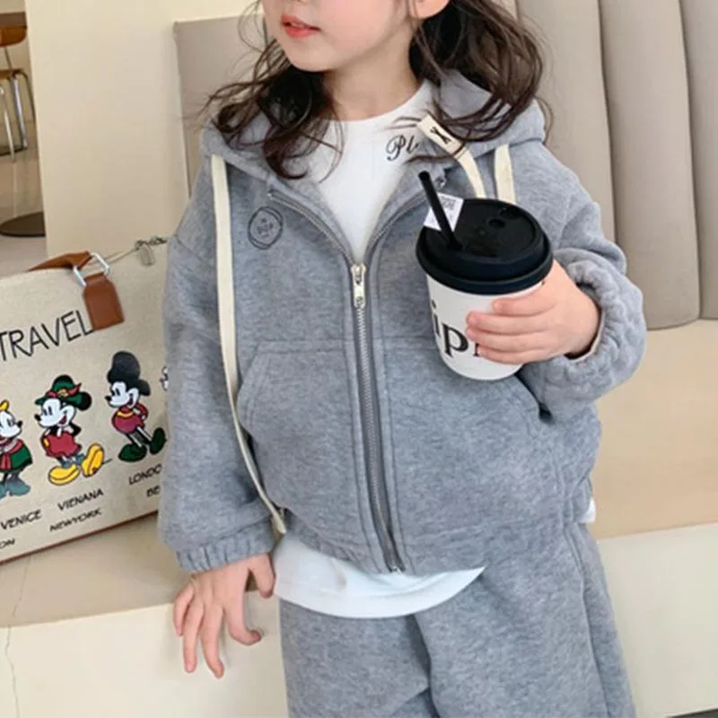 Girls Children Loose Sports Two Piece Set Fashion Casual Fall Winter Warm Zipper Jacket Top+Sport Pants Suit Sudent Tracksuit