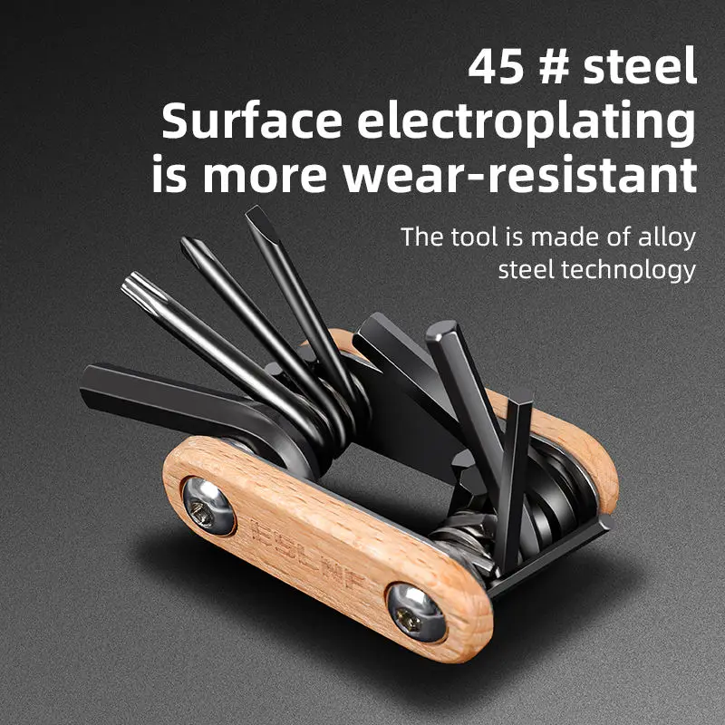 8 in 1 Portable Folding Combination Mini Bike Multitool Wood Bicycle Repair Tool Kit