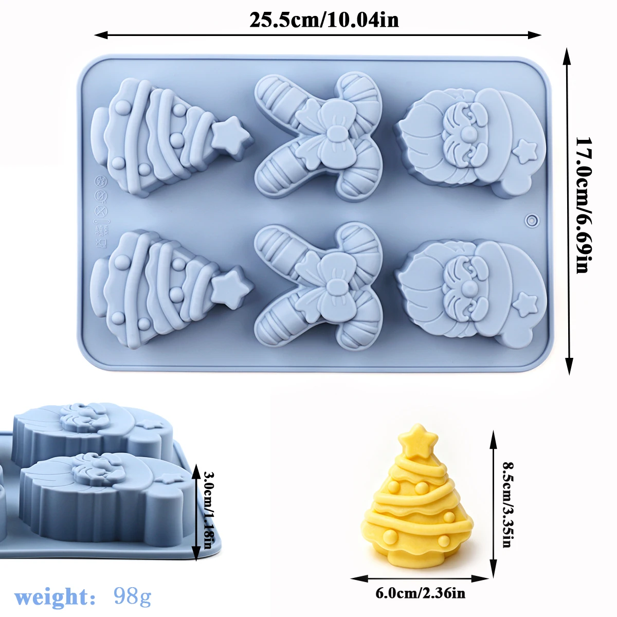 A 6-cavity Christmas-themed silicone baking mold, non-stick and easy to release, made of food-grade silicone, featuring Santa Claus, candy cane, and Christmas tree shapes, suitable for making cakes, chocolates, Christmas decorations, etc. Ideal for beginners DIY, Christmas-themed, creative baking