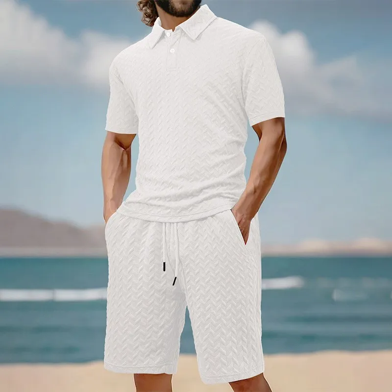 

Casual Short Sleeve Collar Neck Tee with Button Placket, Solid Color Relaxed Fit Athletic T-Shirt, Navy Blue Drawstring Shorts,