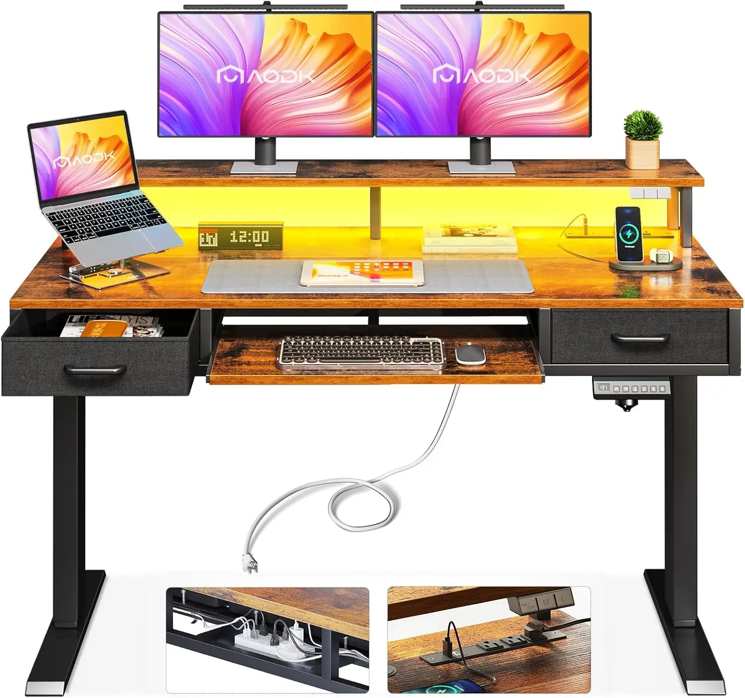 

AODK Electric Standing Desk with Drawers & Keyboard Tray, 47 Inch Height Adjustable Small Desk with Power Outlets & LED Lights,