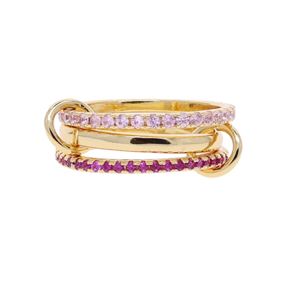 New Iced Out Gold Color Multi Link Chain Ring Pink CZ Zircon Connect Band Finger Rings For Women Fashion Jewelry