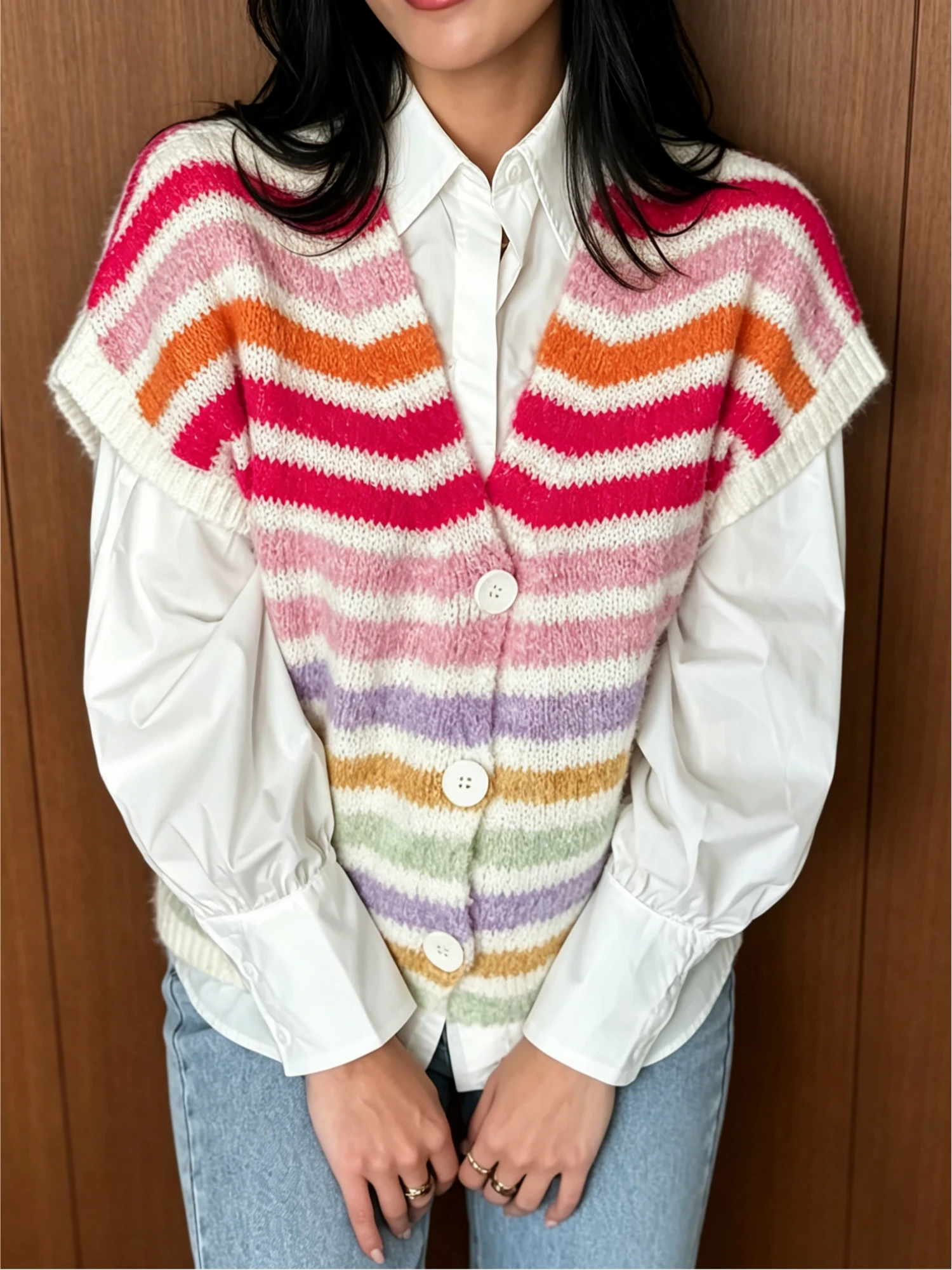 

Women's plus size striped V-neck knitted short sleeved cardigan, fashionable and casual, spring, summer and autumn styles