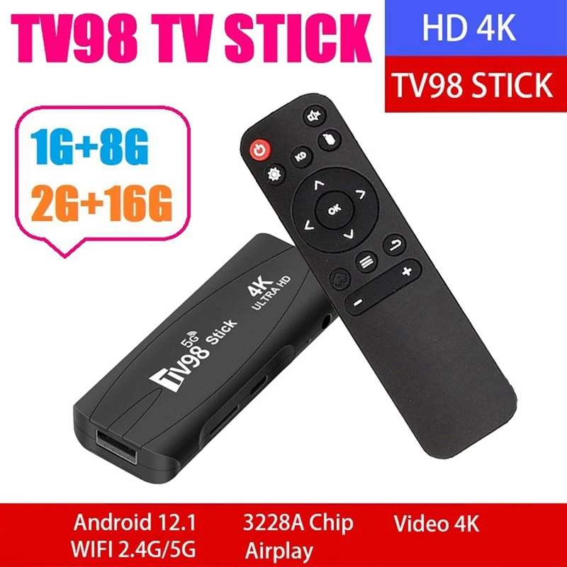 TV98 TV STICK 2G+16G Android12.1 2.4G 5G Wi-Fi Android Smart TV BOX 4K 60Fps Телеприставка Черный пластик 1 шт.