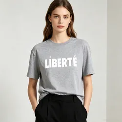Liberte French Letters Printing Female Elegant Short Sleeve T Shirts Summer Loose Cotton Casual Tops Ins Fashion Gray Tees