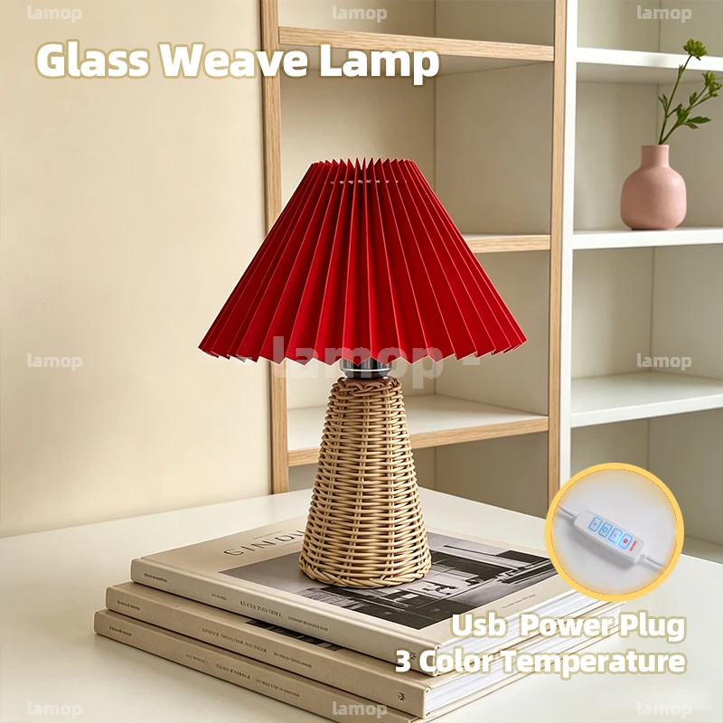 Rattan Woven‑Taper‑Stand Accordion‑Flare‑Shade Table Lamp Retro‑Cottage 3 Tone Mild Radiance Bedside Tea‑Nook Shelf Decor