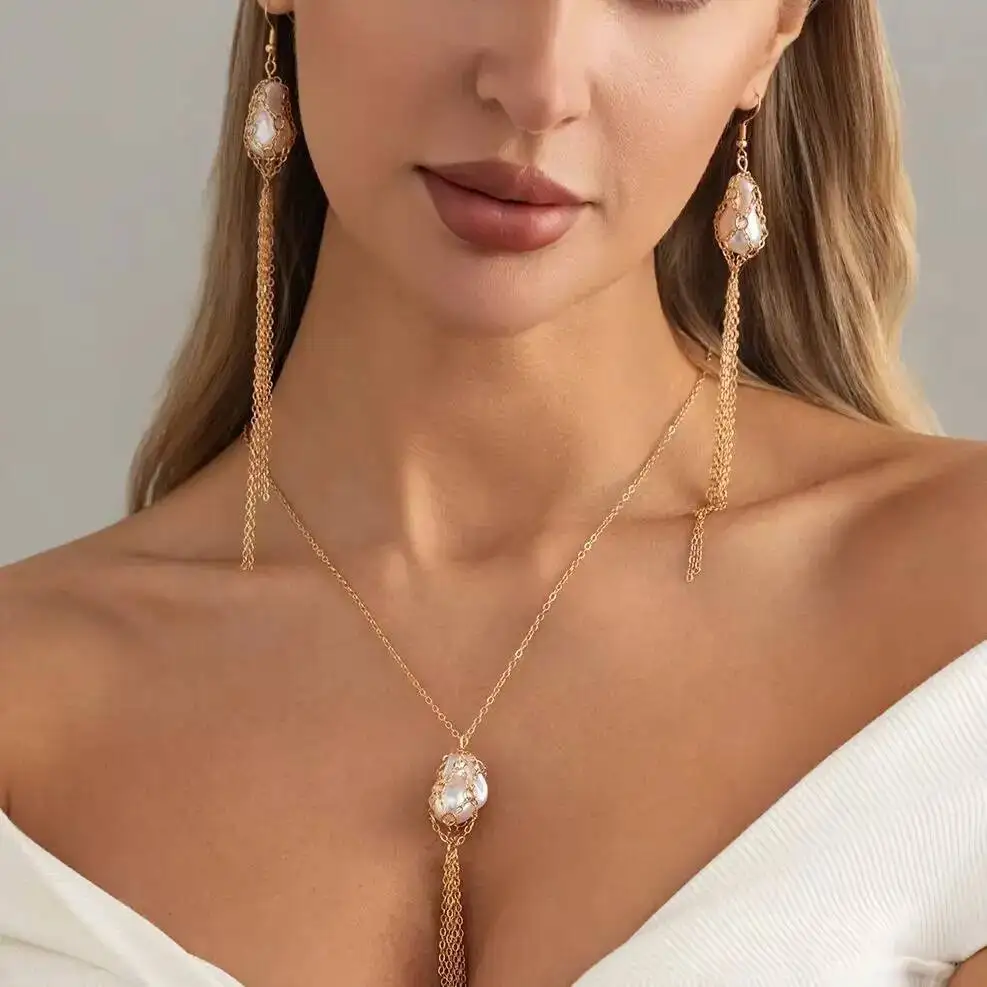 KunJoe 2026 Baroque Imitation Pearl Pendant Necklace Stud Earrings Set Women Trendy Elegant Tassels Chain Ear Accessory Jewelry