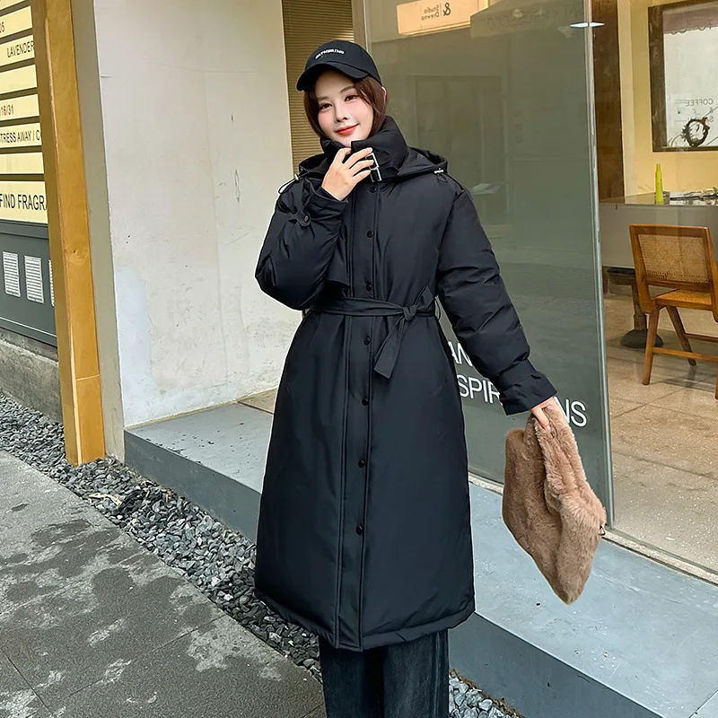 European and American style coat export women\'s long thickened down cotton coat waist hooded windbreaker style jacket