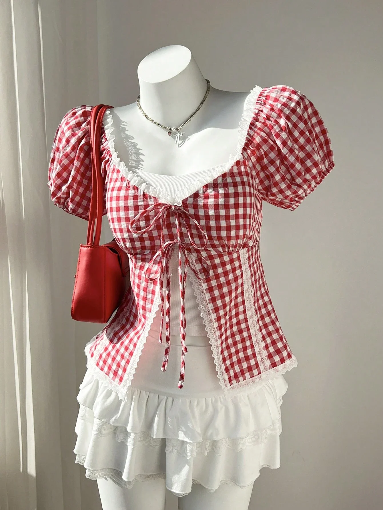 

Red And White Plaid Lace Trim Puff Sleeve Blouse For Women Spring Summer