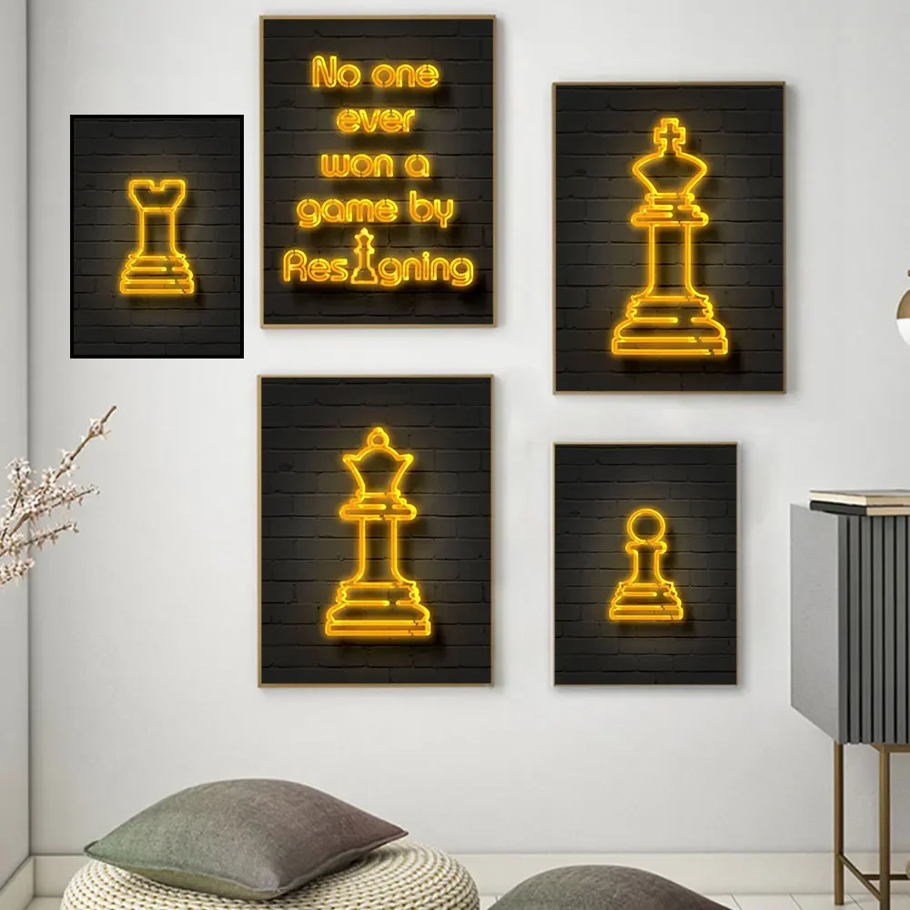 النيون الذهبي قطعة الشطرنج مجردة الملصقات طباعة الأسقف فارس الملكة حائط لوح رسم الفن صور لغرفة المعيشة ديكور #1