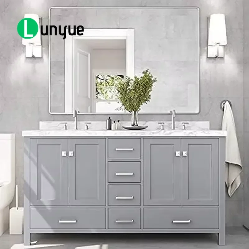 60 Inch Blue Bathroom Vanity Cabinet Italian Carrara Marble Top Modern Lacquer MDF Rectangular Sink Hotel Use Furniture